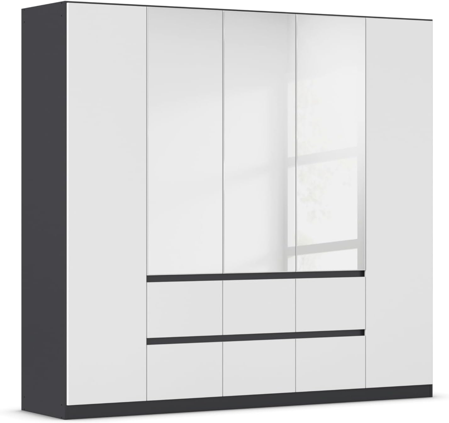 Rauch Möbel Mainz Schrank Kleiderschrank Drehtürenschrank Weiß-Grau metallic, Grifflos BxHxT 226 × 210 × 54 cm, Schwarz, 5-türig Spiegel, 6 Schubladen