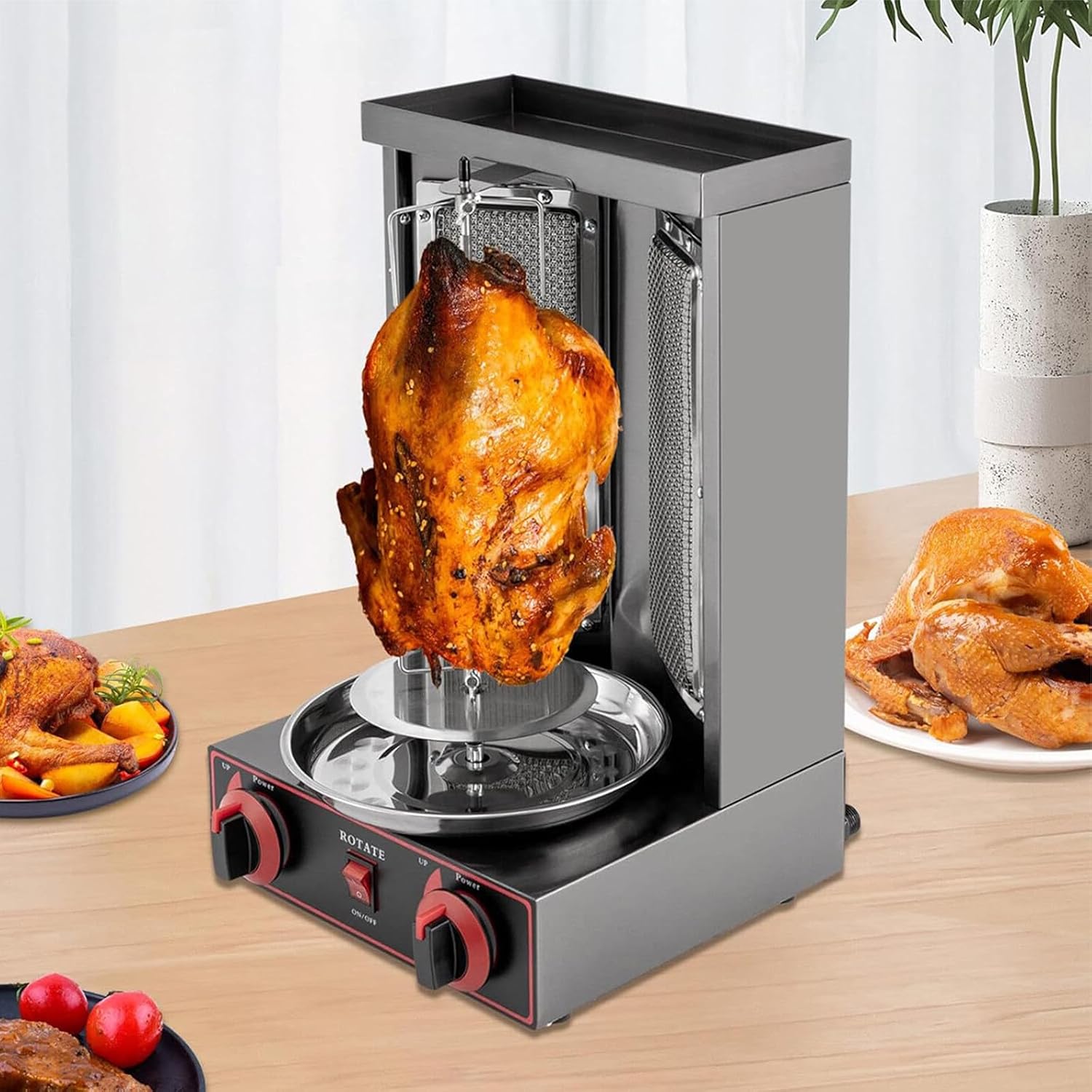 Eastnmythet Gasgrillmaschine Grillautomat, Döner-Kebab-Maschine mit 2 Brennern, Edelstahl, vertikaler Hähnchendrehspieß, Silber/Schwarz