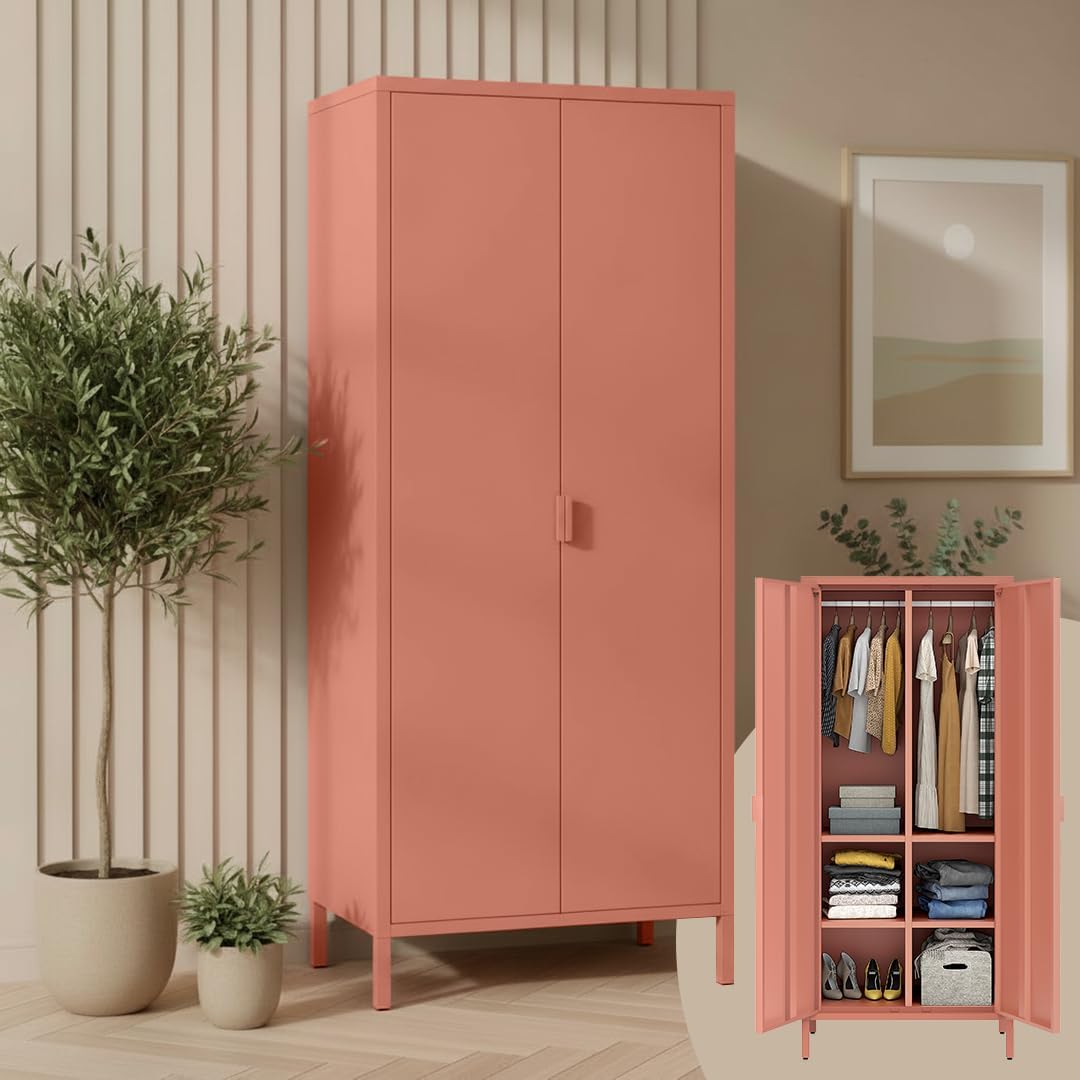 Skølm Ituri Metallschrank Terrakotta, Garderobenschrank Flur 80 cm breit, Kleiderschrank mit 6 Fächern & 2 Kleiderstangen