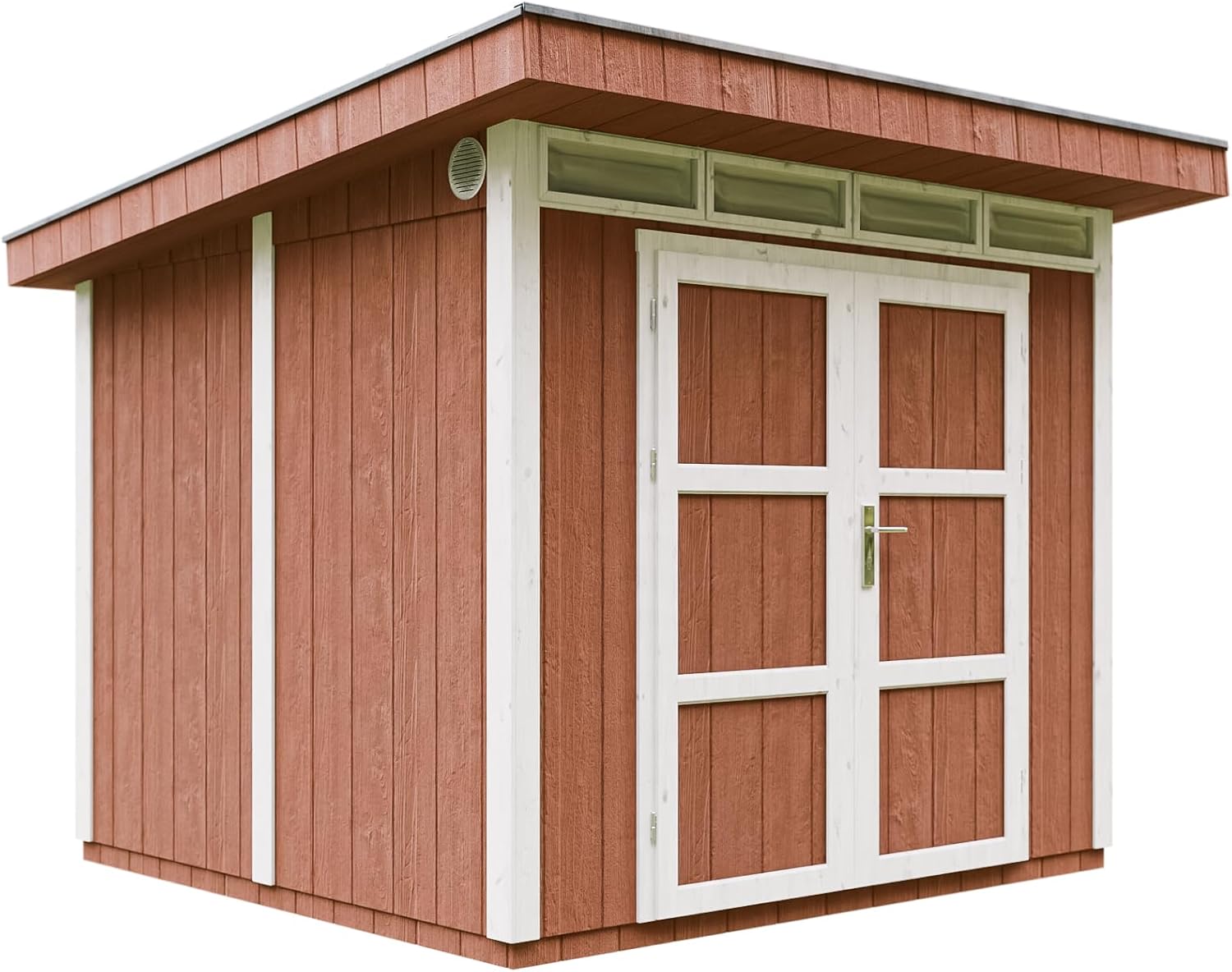 TIMBELA Gartenhaus Premium Qualität 5, 9m2 Gerätehaus, L279xW293 cm- All-Inclusive-Set mit Boden, M903A Redwood RED, Bitumen-Dachziegeln, Rot/Weiß