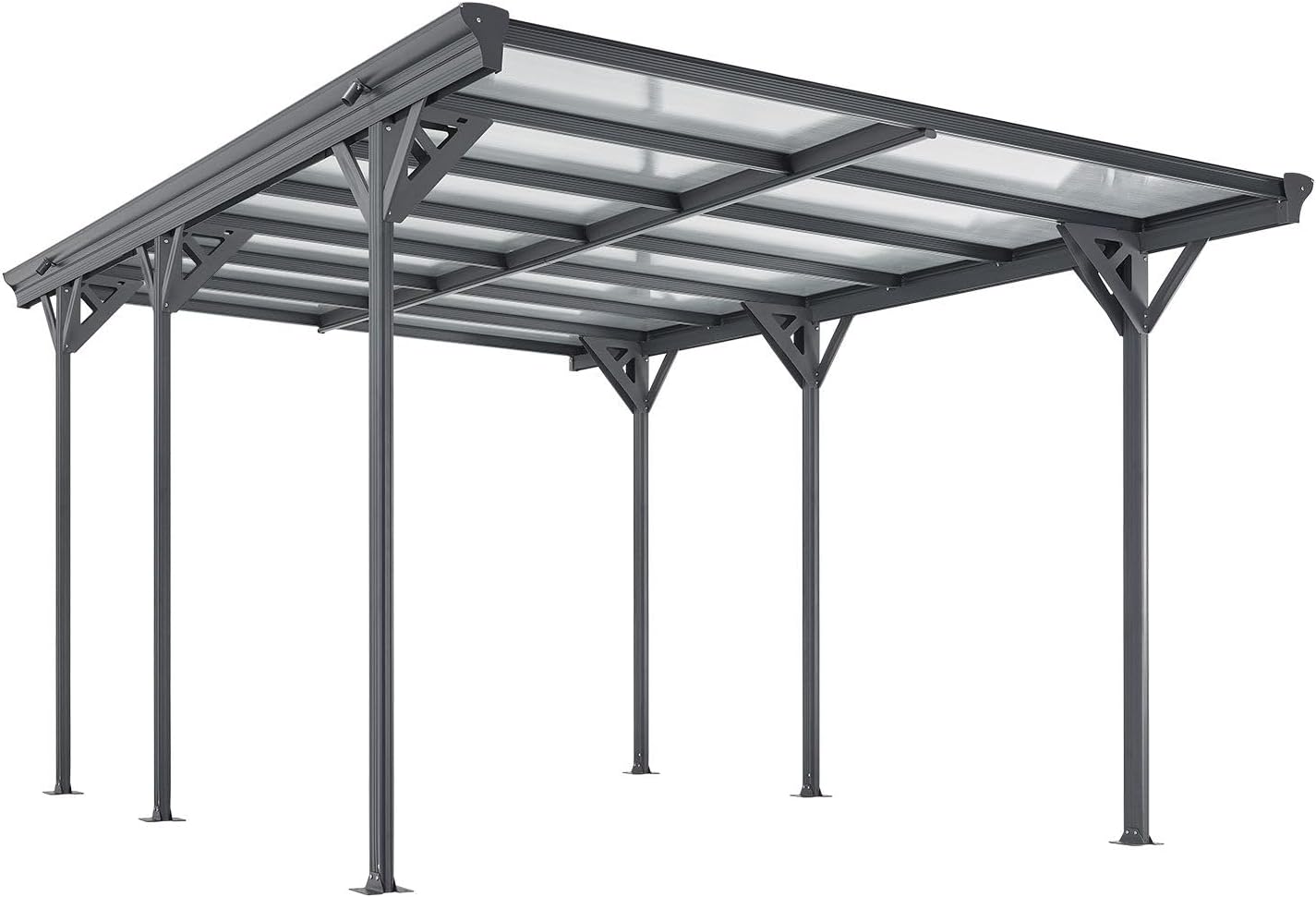 Juskys Carport mit Flachdach 5 × 3 m, Überdachung aus Aluminium mit Doppelstegplatten, Unterstand für Autos, Freistehende Montage, Dunkelgrau