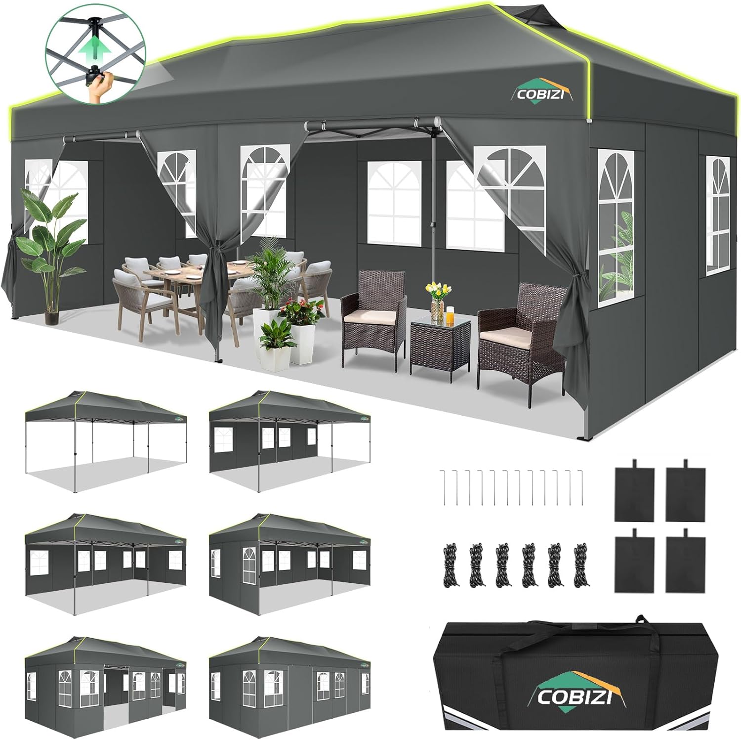 COBIZI Faltpavillon 3 × 6 Pavillon wasserdicht Winterfest, EIN-Tasten-Zentralverriegelung Partyzelt Faltbar Anti-UV mit Fluoreszierenden Streifen