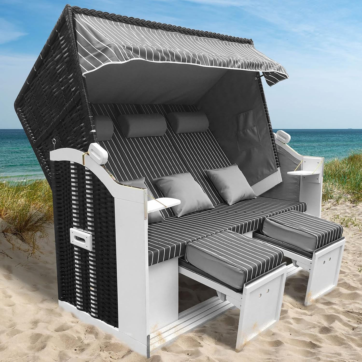 BRAST Strandkorb Usedom 3-Sitzer XXL für 2-3 Personen, Inkl. wetterfeste Abdeckhaube, 165 cm breit, Anthrazit/Grau, 5 Designs, Gestreift