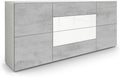 Vladon Sideboard Rova, 166 × 72 × 35 cm, Made in Germany, Kommode mit 4 Türen und 4 Schubladen, Weiß matt/Beton Oxid Optik/Weiß Hochglanz