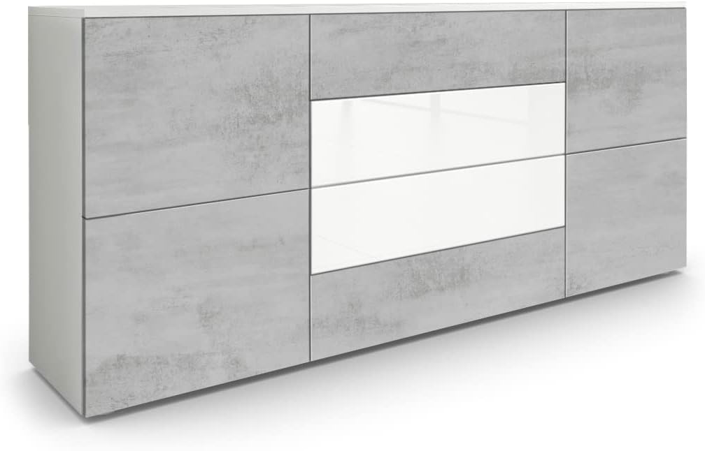 Vladon Sideboard Rova, 166 × 72 × 35 cm, Made in Germany, Kommode mit 4 Türen und 4 Schubladen, Weiß matt/Beton Oxid Optik/Weiß Hochglanz