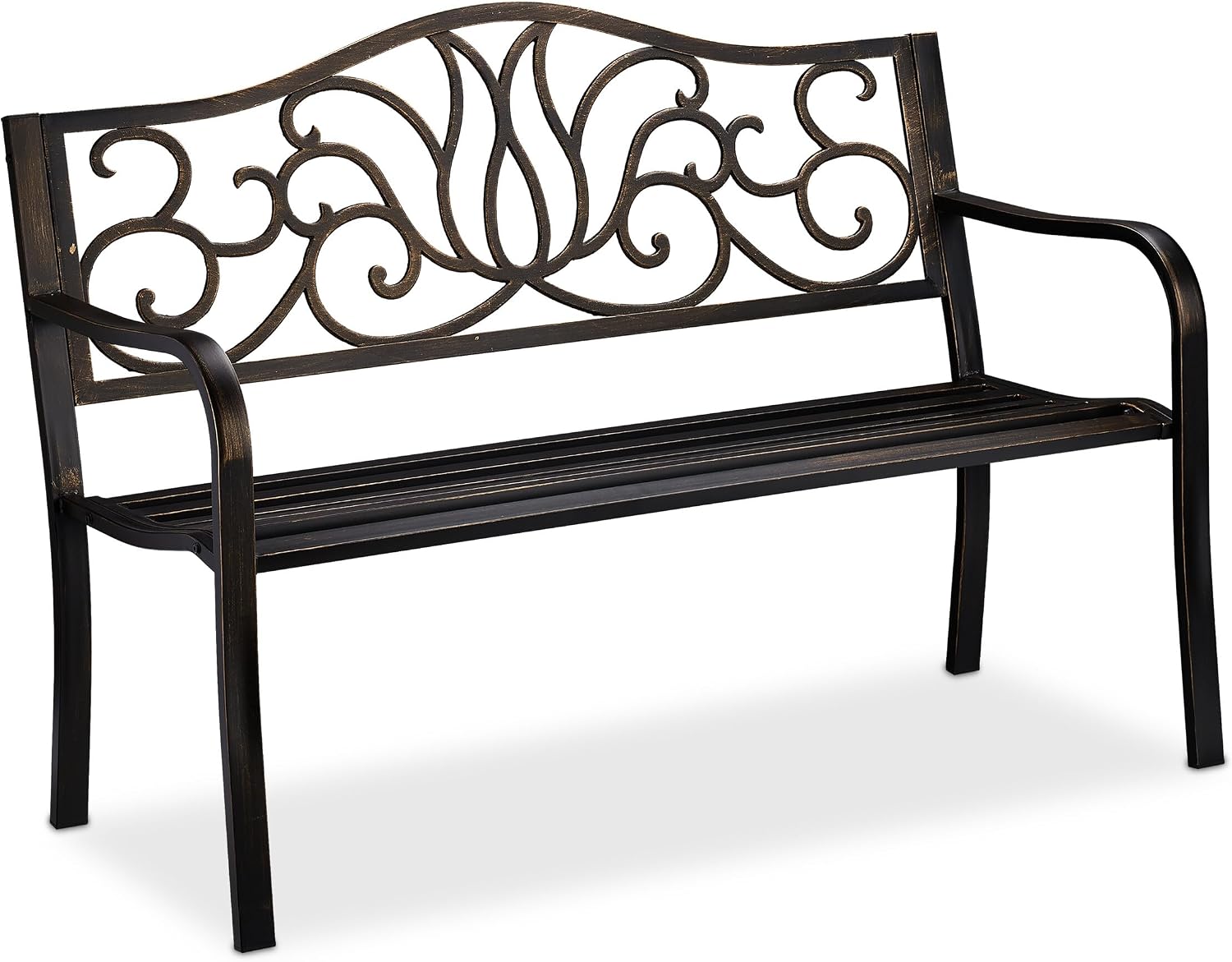 Relaxdays Gartenbank Antik 2 Personen, Metallbank 90 × 127,5 × 63 cm, Schwarz-bronze, Balkon, Premium Rostschutz