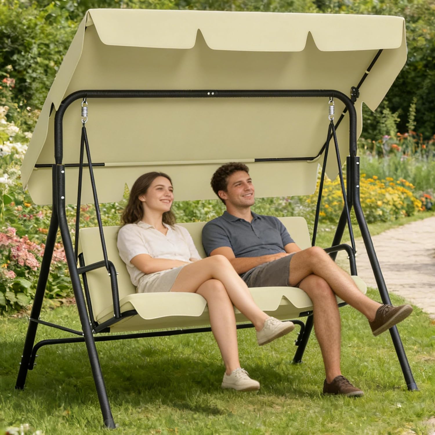 Suusolny 3-Sitzer Hollywoodschaukel Hollywoodschaukeln, bis 200 kg Belastbar, Garten-Schaukelbank 193 × 110 × 152 cm, Stabil Stahlgestell