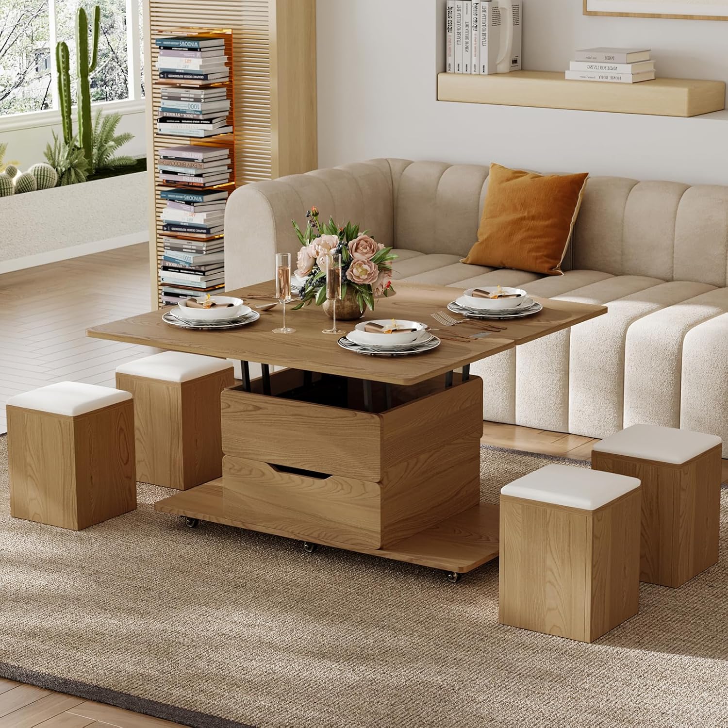 Homary Couchtisch Höhenverstellbarer , Holzfarbe/Beige, Multifunktionaler Wohnzimmertisch für kleine Räume, Stauraum