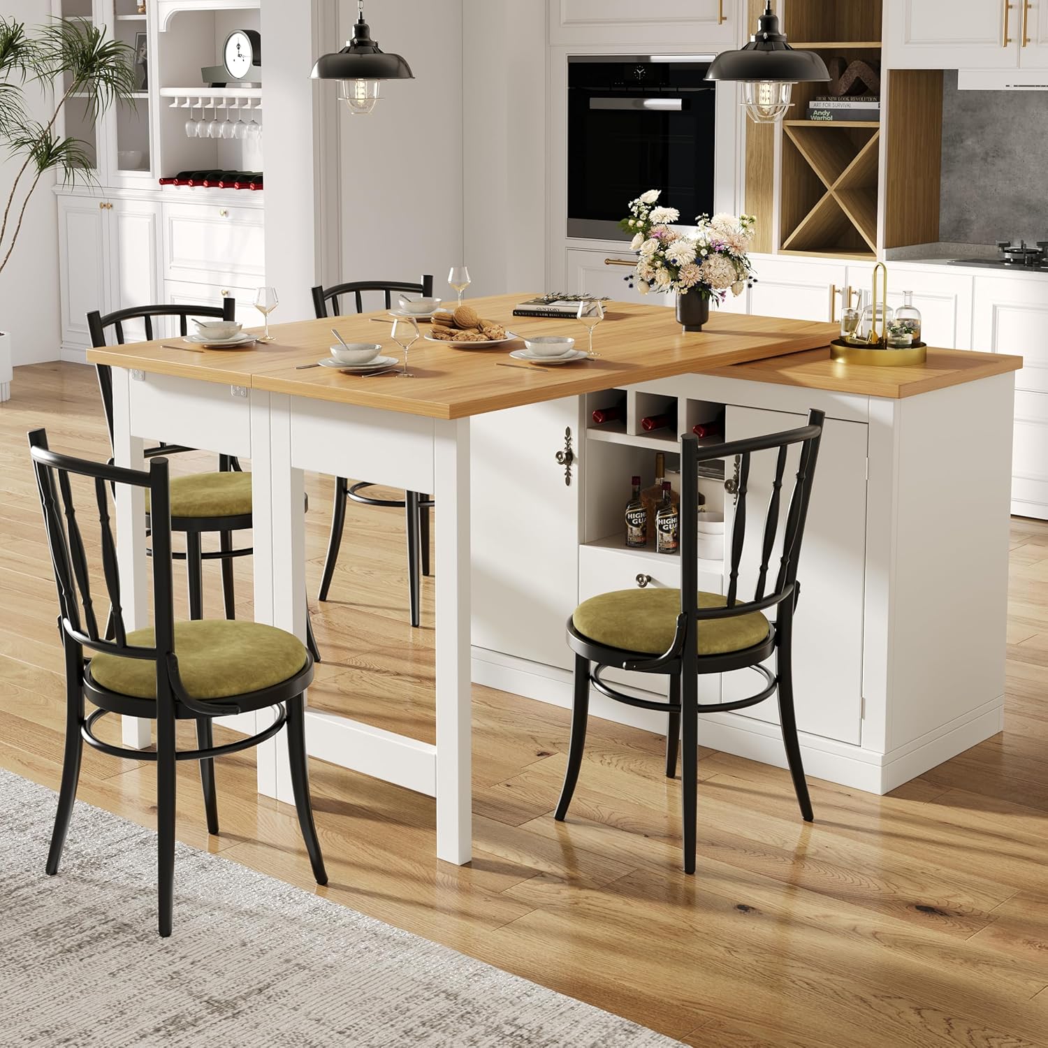 Kebnor Ausziehbarer Bartisch mit 360° Drehfunktion und Stauraum, Längenverstellbar von 120-180 cm, Schwarzer ausziehbarer Design-Stehtisch, Weiß