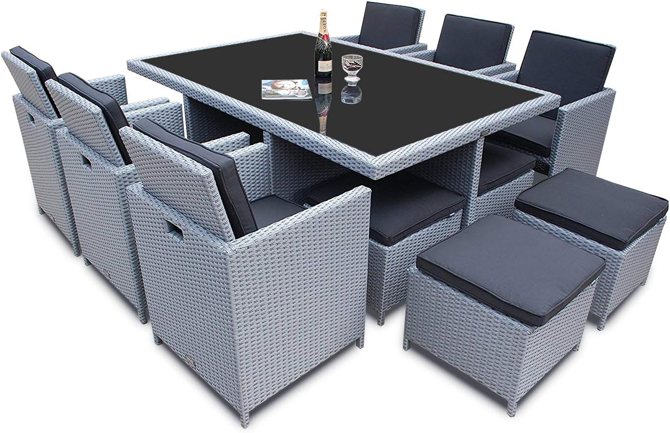 Ragnarök-Möbeldesign Heimdall Premium PolyRattan, Aluminium Gartenmöbel Essgruppe Tisch Stuhl Hocker Platinum Grau Rostfrei Sitzgruppe