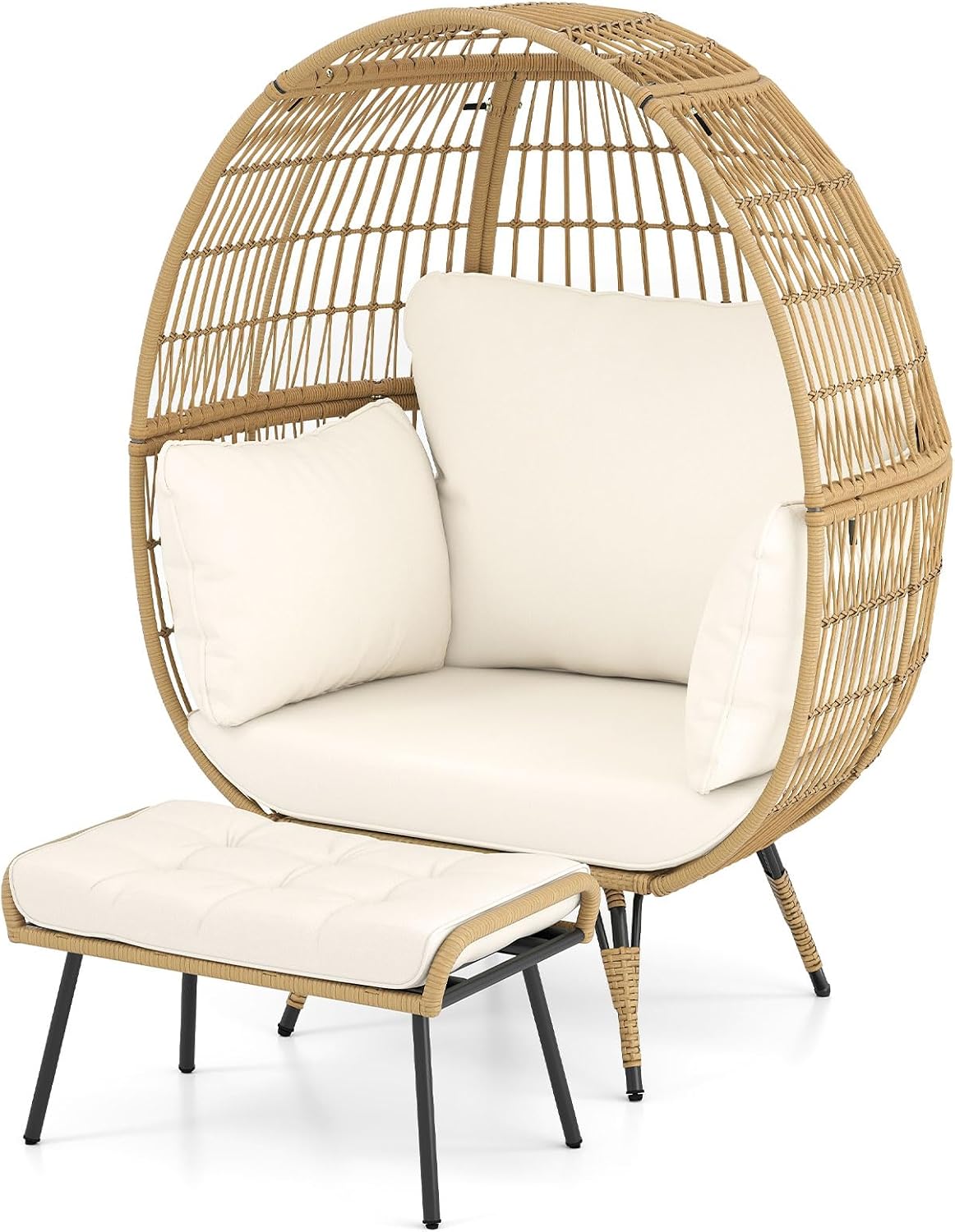 COSTWAY Korbsessel Rattan mit Hocker, Übergroßer Gartensessel mit Kissen und Metallgestell, Rattansessel XXL, Loungesessel für Balkon