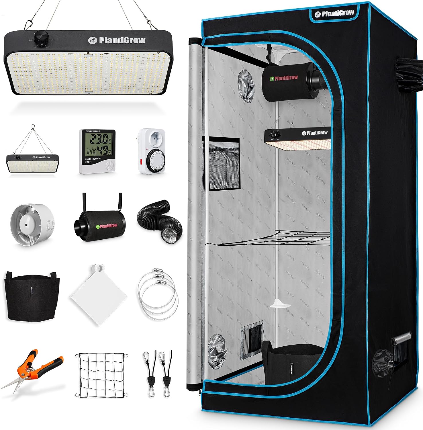 PlantiGrow Growzelt Komplettset - Indoor Gewächshaus, Indoor Gewächshaus mit 150W Vollspektrum LED Lampe (Dimmbar), 1680D, Carbon-Filter