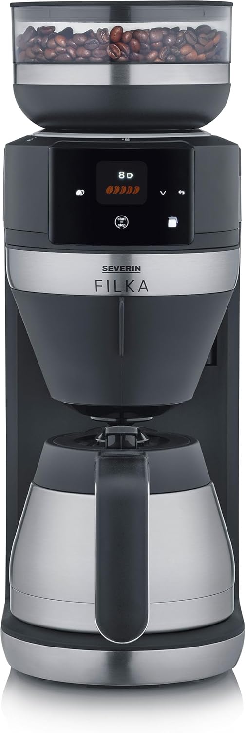 SEVERIN FILKA, Schwarz-matt/Edelstahl, Vollautomat für Filterkaffee, 5-in-1 Filterkaffeemaschine mit LED-Display, Mahlwerk, Mit Thermokanne, KA 9695