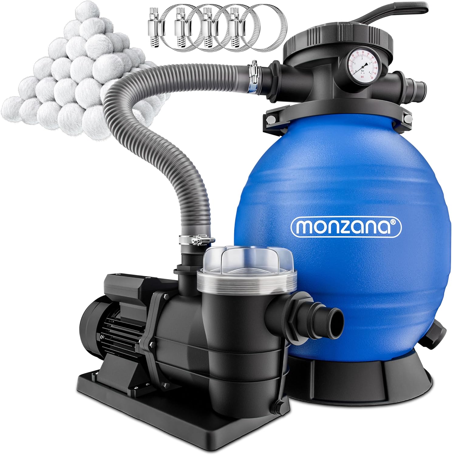 MONZANA Sandfilteranlage SF96K 9.600 l/h bis 30.000 l Pool inkl Filterbällen 7 Wege Ventil 2in1 Adapter Ø32-38 mm 400 W Filteranlage Pumpe