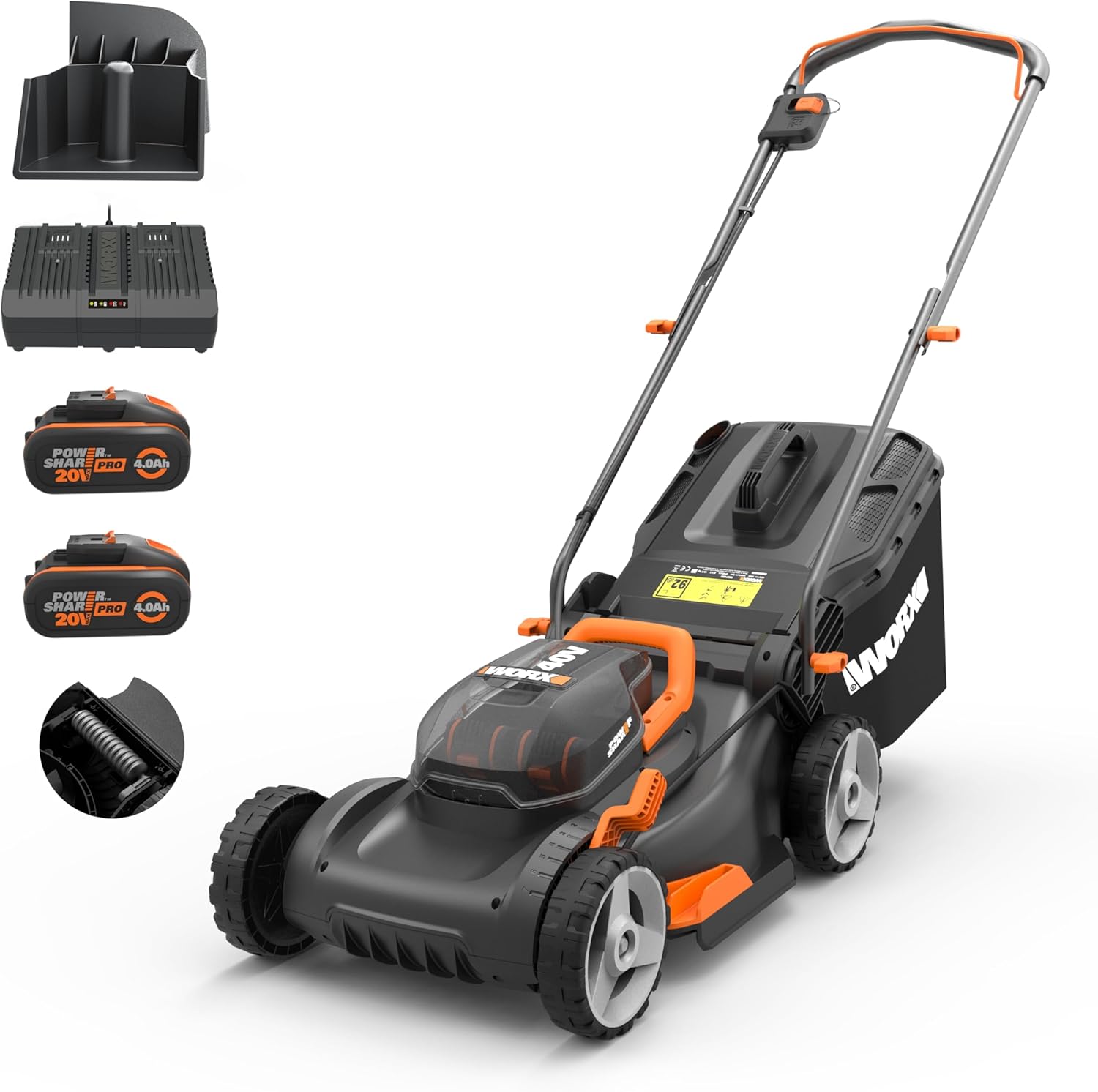 WORX Nitro WG734E Profi Akku-Rasenmäher 40 V, Inkl. 2 × 4,0 Ah PowerShare PRO Akkus & Dual-Ladegerät, 40 cm Schnittbreite, Elektrischer Rasenmäher