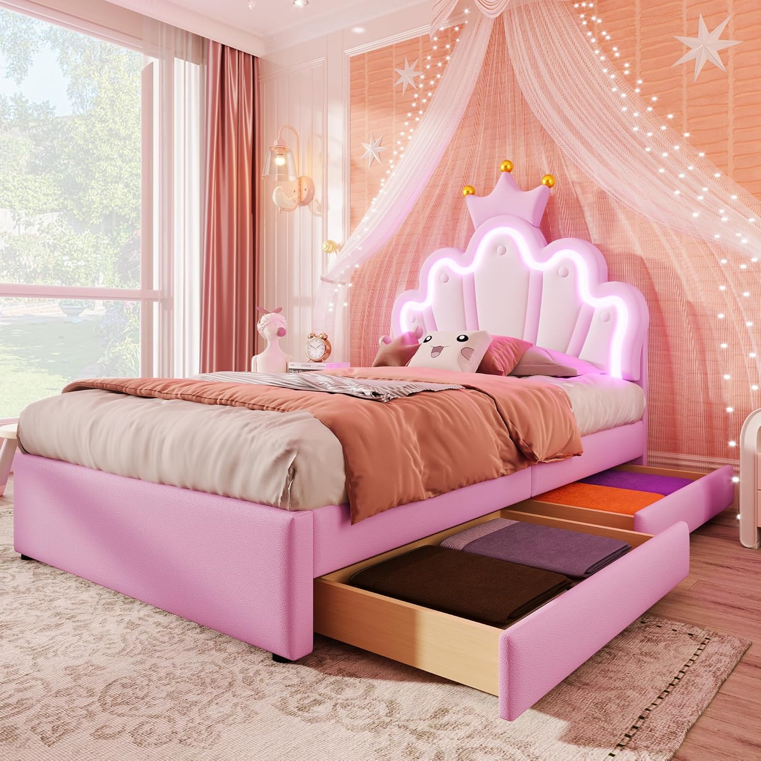 RIAZOS Bett Kinder Polsterbett 90 × 200 , Einzelbett mit LED und 2 Schubladen, PU-Leder, Bettgestell für Mädchen, Kronenförmiges Prinzessinnenbett