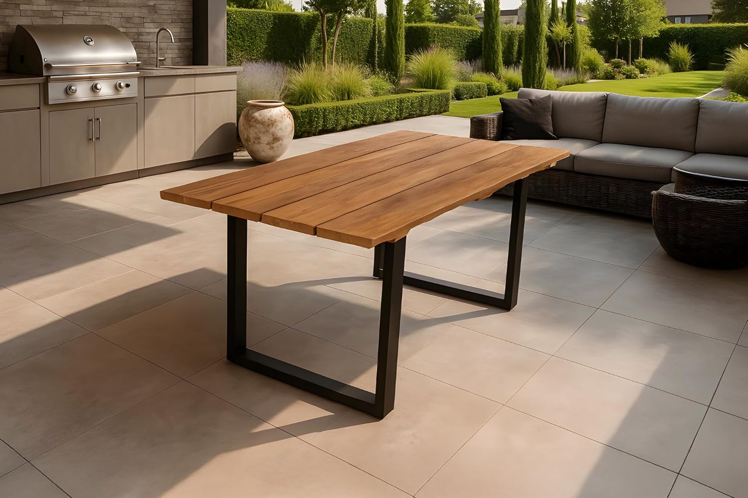 SAM Gartentisch Bogota, 180 × 90 cm, U-Gestell Metall Schwarz, Teakholz massiv, Echte Baumkante, Outdoor-Esstisch & Unikat für Garten & Terrasse