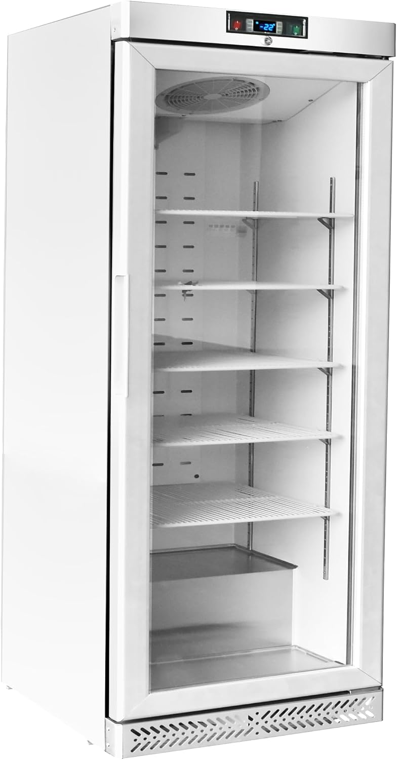 METRO Professional Glastürgefrierschrank GFR6600 G, 380 l, 5 Einlegeböden, LED-Beleuchtung, Mit Schloss, 2 Rollen, Weiß