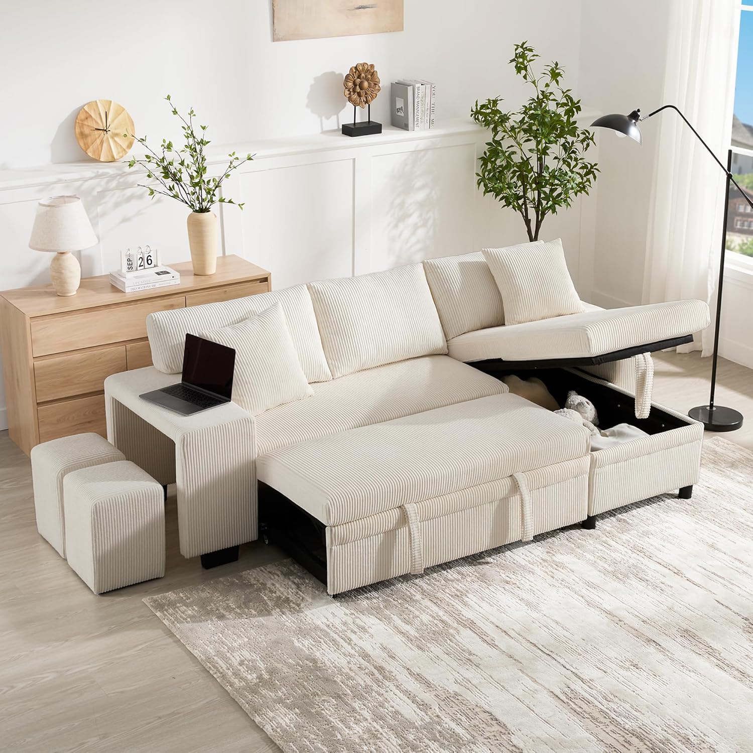 DRIXNO Klappsofa mit Schlaffunktion, L-förmiges umbaubares Ecksofa mit USB-Ladeanschluss und Kissen, 3-Sitzer-Umbausofa mit Seitenablagen und Stauraum