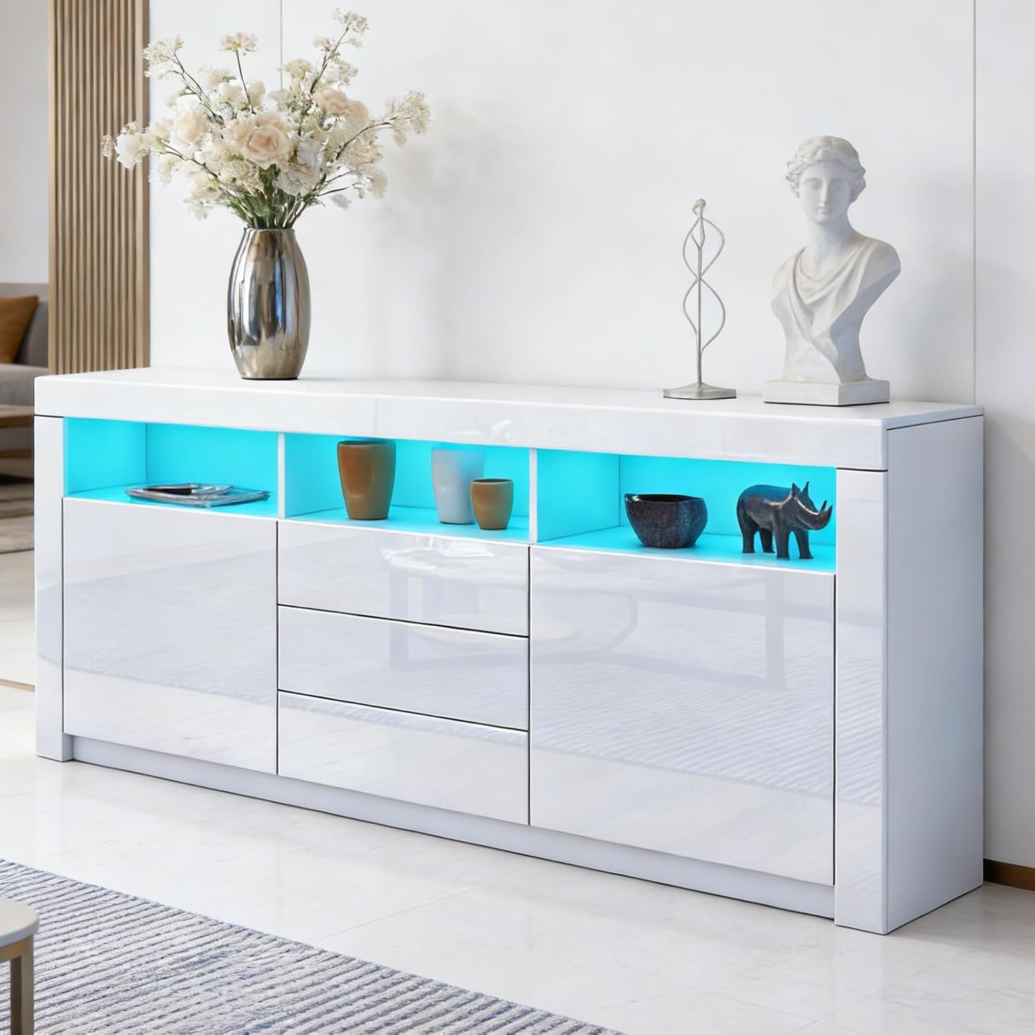 Senvoziii Sideboard, ABMESSUNGEN(LxBxH): 160 × 35 × 72 cm, für Esszimmer Wohnzimmer Möbel Weiß, Hochglanz Matt Anrichte Schrank, Beleuchtung