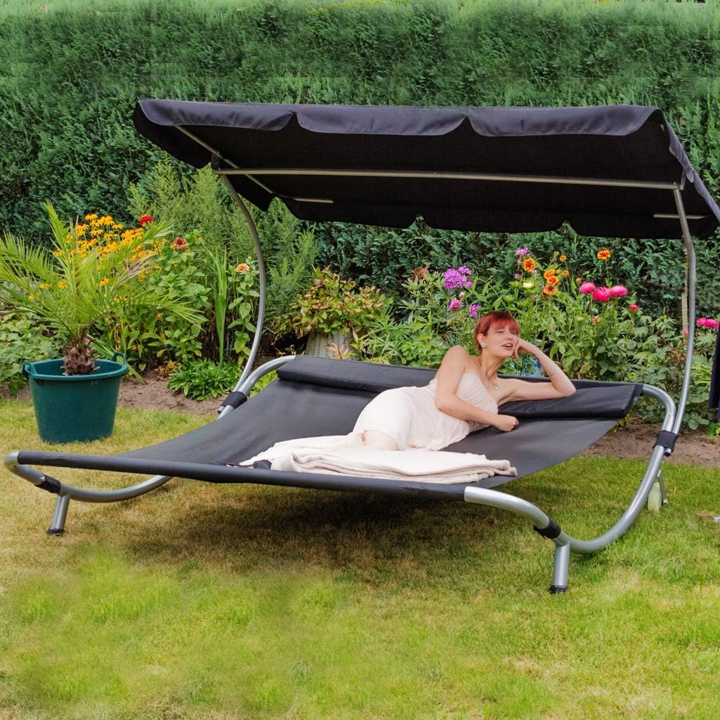 Loywe Sonnenliege Doppelliege mit Dach für 2-Personen Doppel Gartenliege mit Sonnendach für Garten oder Balkon, 200 × 195 × 145 cm LW22-Schwarz