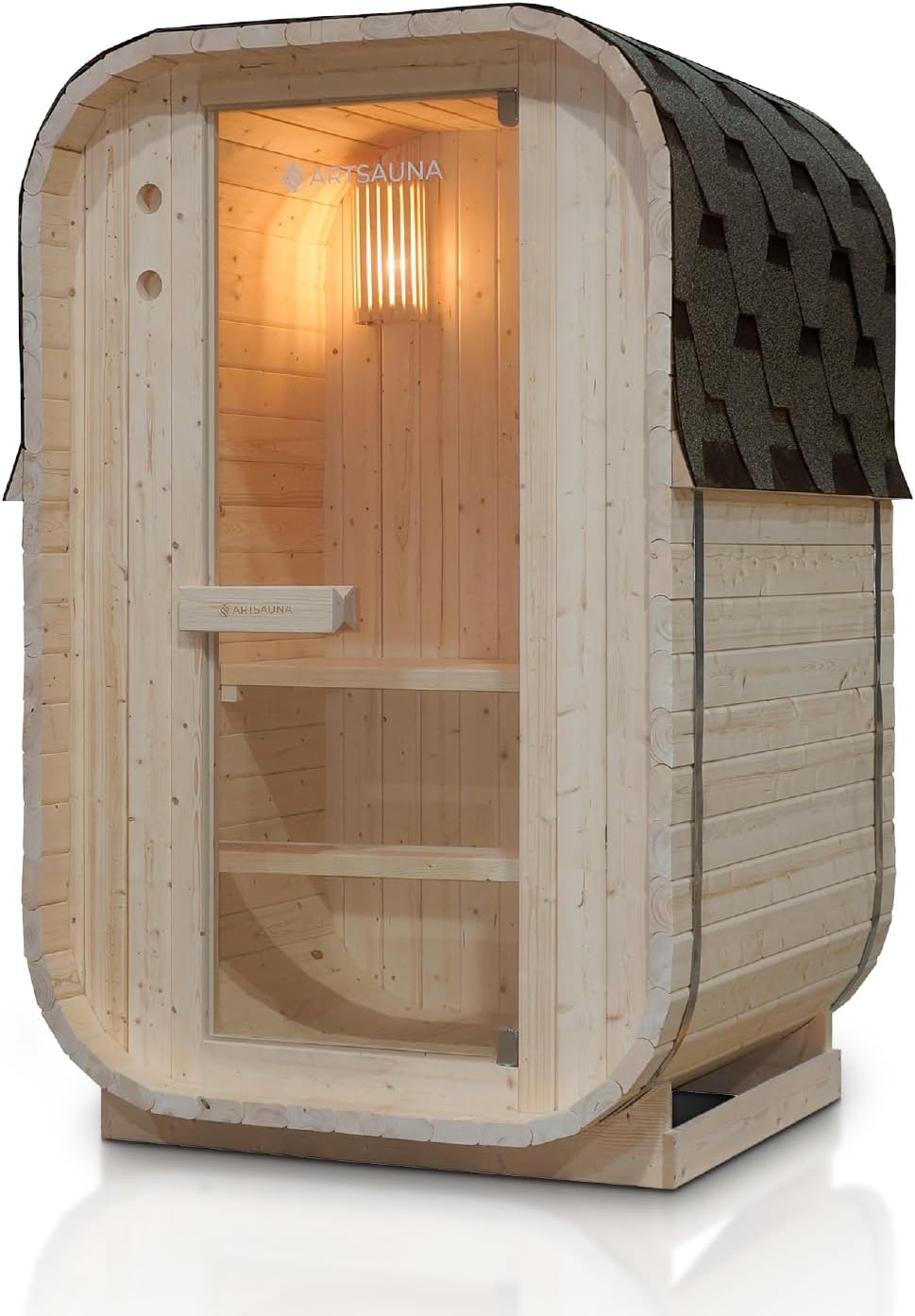 Artsauna Fasssauna Nolvik S, 3,6 kW Ofen, Outdoor-Sauna aus Fichtenholz, LED, Komplettset mit Sanduhr, Eimer & Thermometer, Winterfest, Cube Design