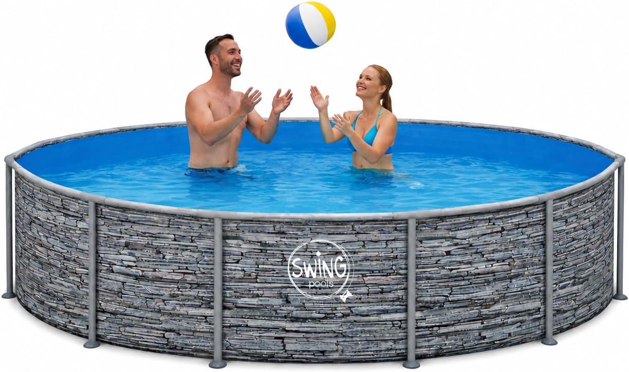 HAF, Schnellaufbau ohne Werkzeug, Ø 366 cm, 91 cm tief, Swing Frame Pool rund Stein-Optik, Gartenpool mit 8.300 Liter, Robust, Stabiler Metallrahmen
