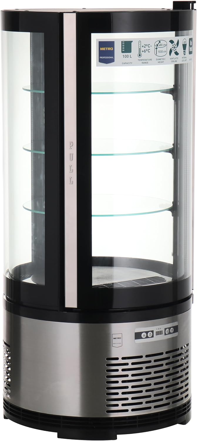 METRO Professional Kuchen-Vitrine GRV1100, 100 l, 490 W, Silber, Gastro, Edelstahl/Glas, Umluftkühlung, Automatisches Abtauen, Rund, Klimaklasse 6