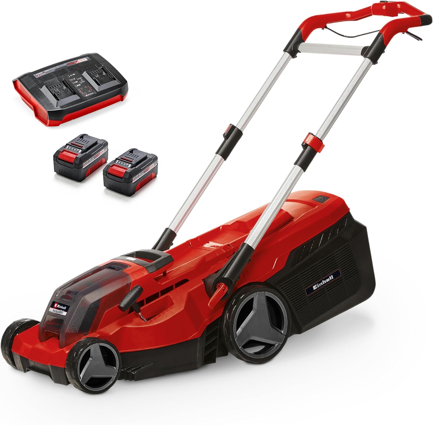 Einhell Akku-Rasenmäher RASARRO 36/38 Kit Power X-Change, Inkl. 2 × 4,0 Ah Akkus + Twincharger, 36 V, 38 cm Schnittbreite, 45 l Fangkorb, 450 m2