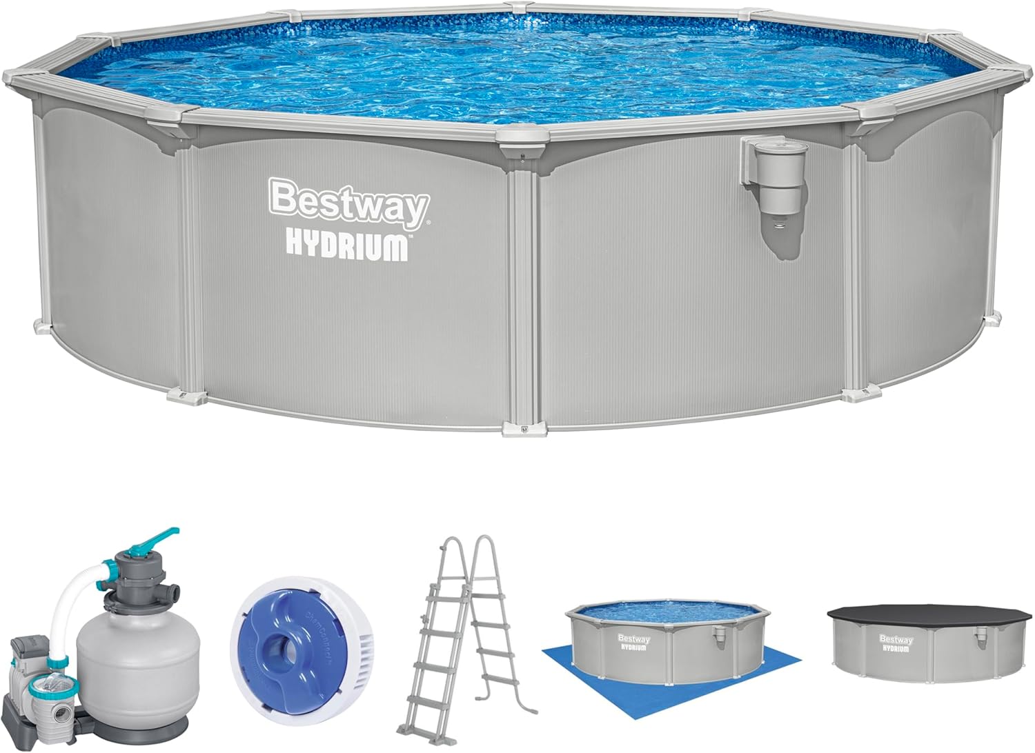 Bestway Hydrium Stahlwandpool Komplett-Set rund 457 × 122 cm Granitgrau Gartenpool Aufstellpool mit Sandfilteranlage