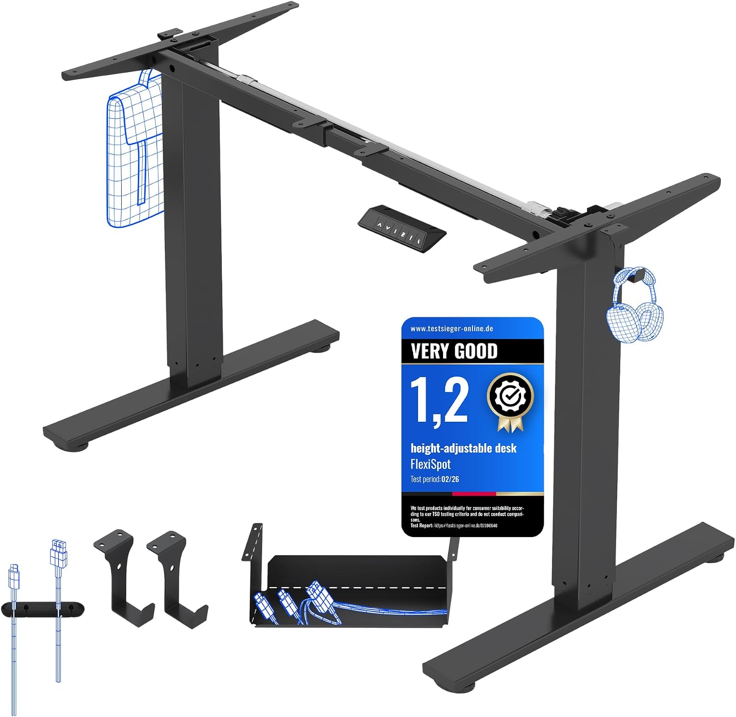 FLEXISPOT Höhenverstellbarer Schreibtisch Gestell mit 2 Haken und Höhenmemory-Funktion & LED-Höhenanzeige, Schwarz