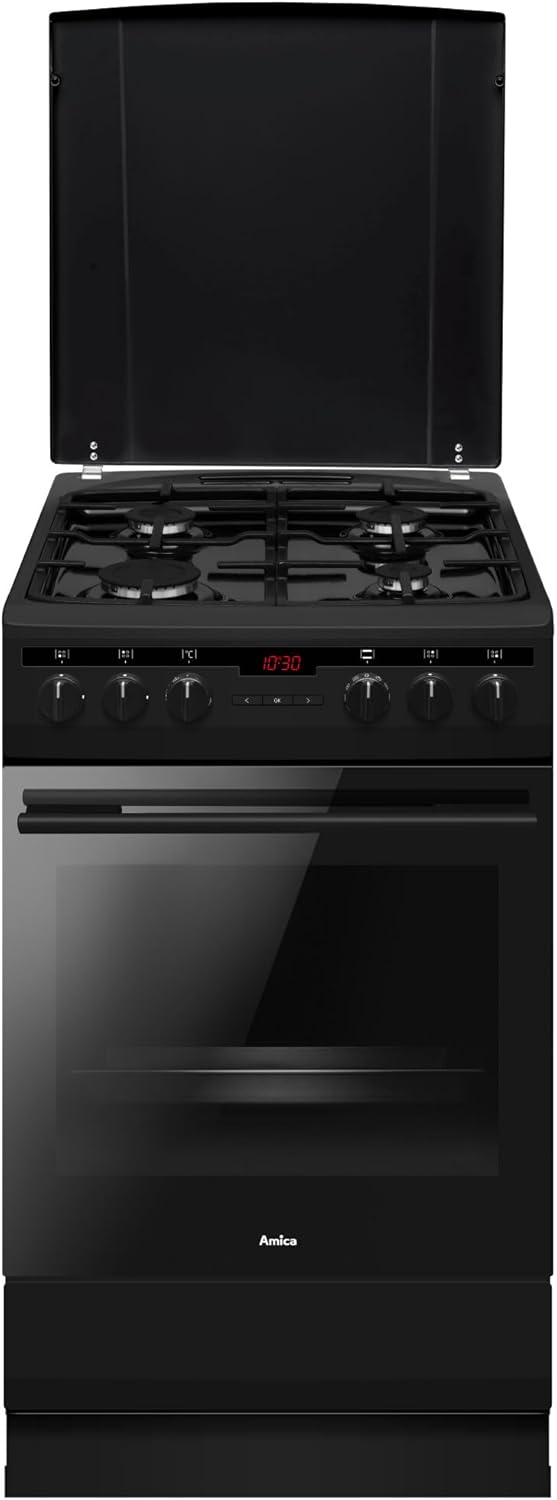 Amica SHEG 904 000 SM Standherd/mit Gaskochfeld und Elektro-Backofen / 50 cm Breite/Schwarz-matt/Timer / 11 Backofenfunktionen z. B. Heißluft