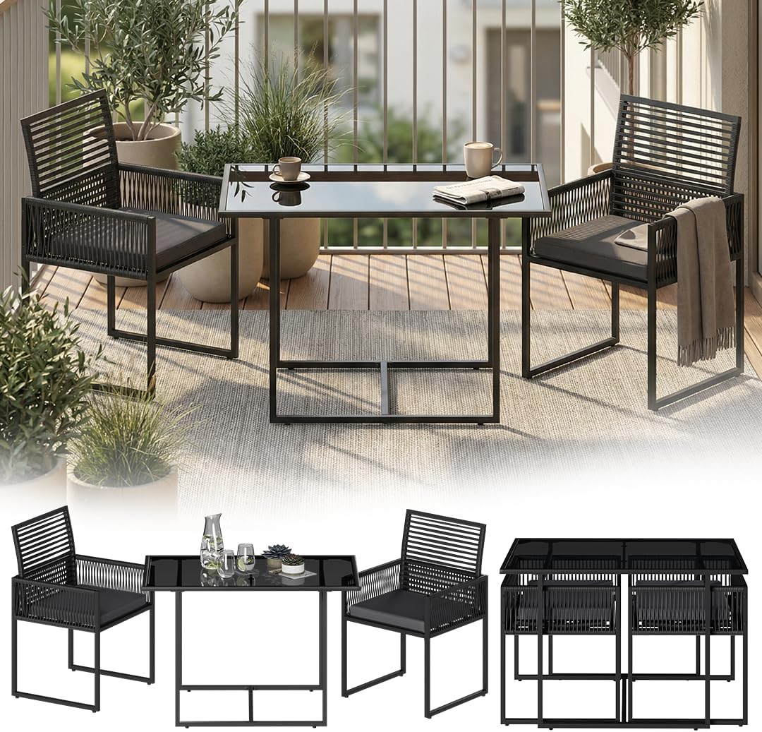 STEELSØN Kynaris Essgruppe 3-teilig schwarz, Terrassenmöbel Set mit Glasplatte & Sitzkissen, Balkonset mit 2 Stühlen und Tisch