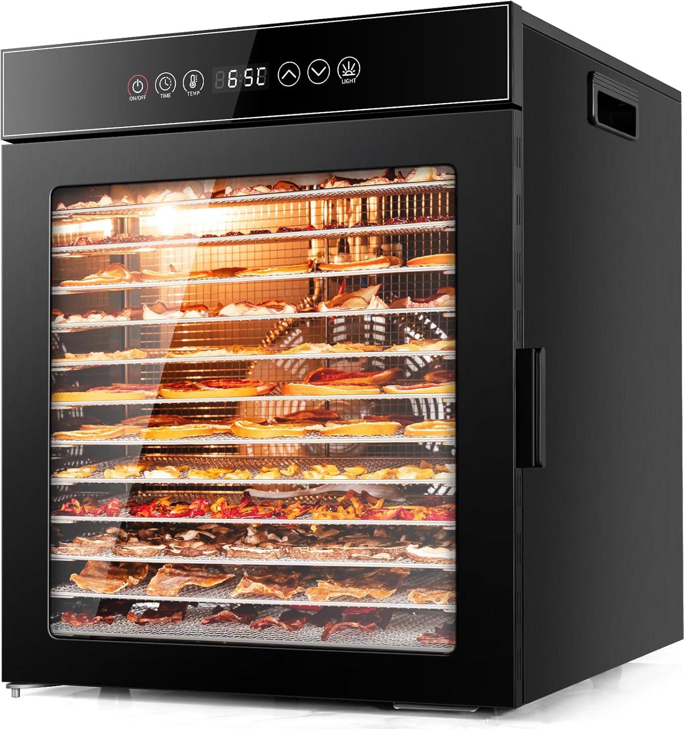 Kwasyo Dörrautomat Edelstahl, 30-90 °C Temperaturregelung, 900 W, LT-09, Dörrgerät 12 Etagen Ganz in Schwarz, 24 Stunden Timer