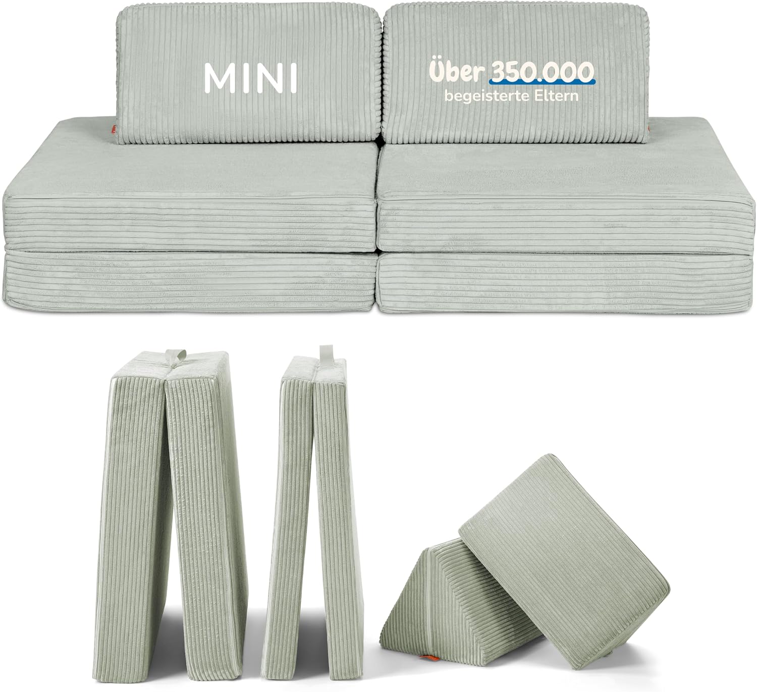 Funzy Mini Spielsofa für Kinder, Cord Salbei Grün, Unser Mini für kreatives Spielen, Modulare Spielcouch, Waschbarer Bezug, Robust und Langlebig