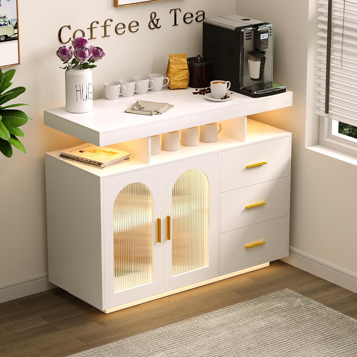 FREDEES küchenschrank Sideboard mit 3 Schubladen, Buffetschrank mit Auto-Sensor 20 Farbe Lichter Konsolentisch mit Ladestation, Weiß