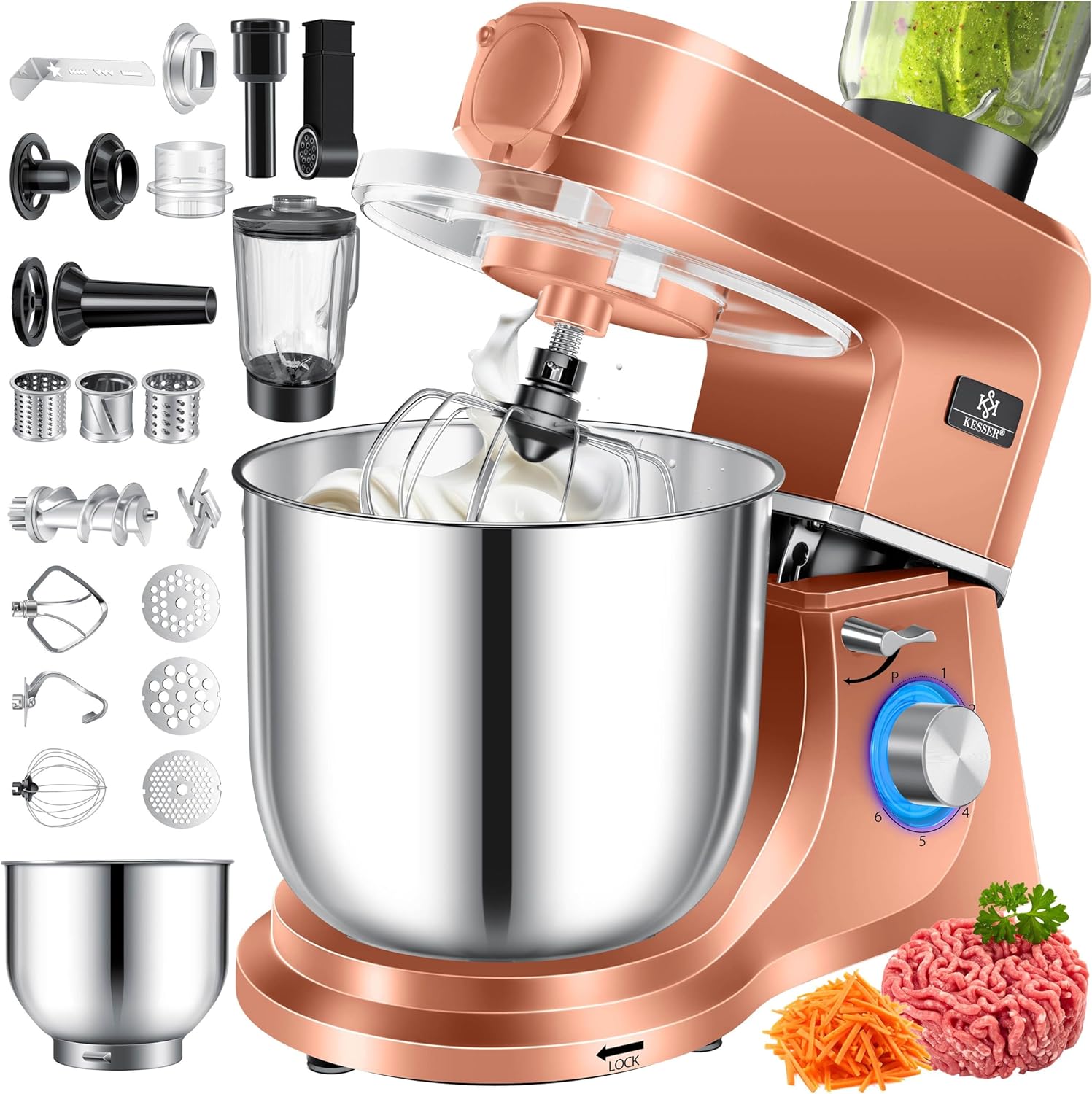 KESSER Küchenmaschine 3in1 mit Fleischwolf & Mixer, 1500 W Knetmaschine 5,5 l Rührschüssel + Spritzschutz, 6 Geschwindigkeiten, Rührhaken & Raspeln