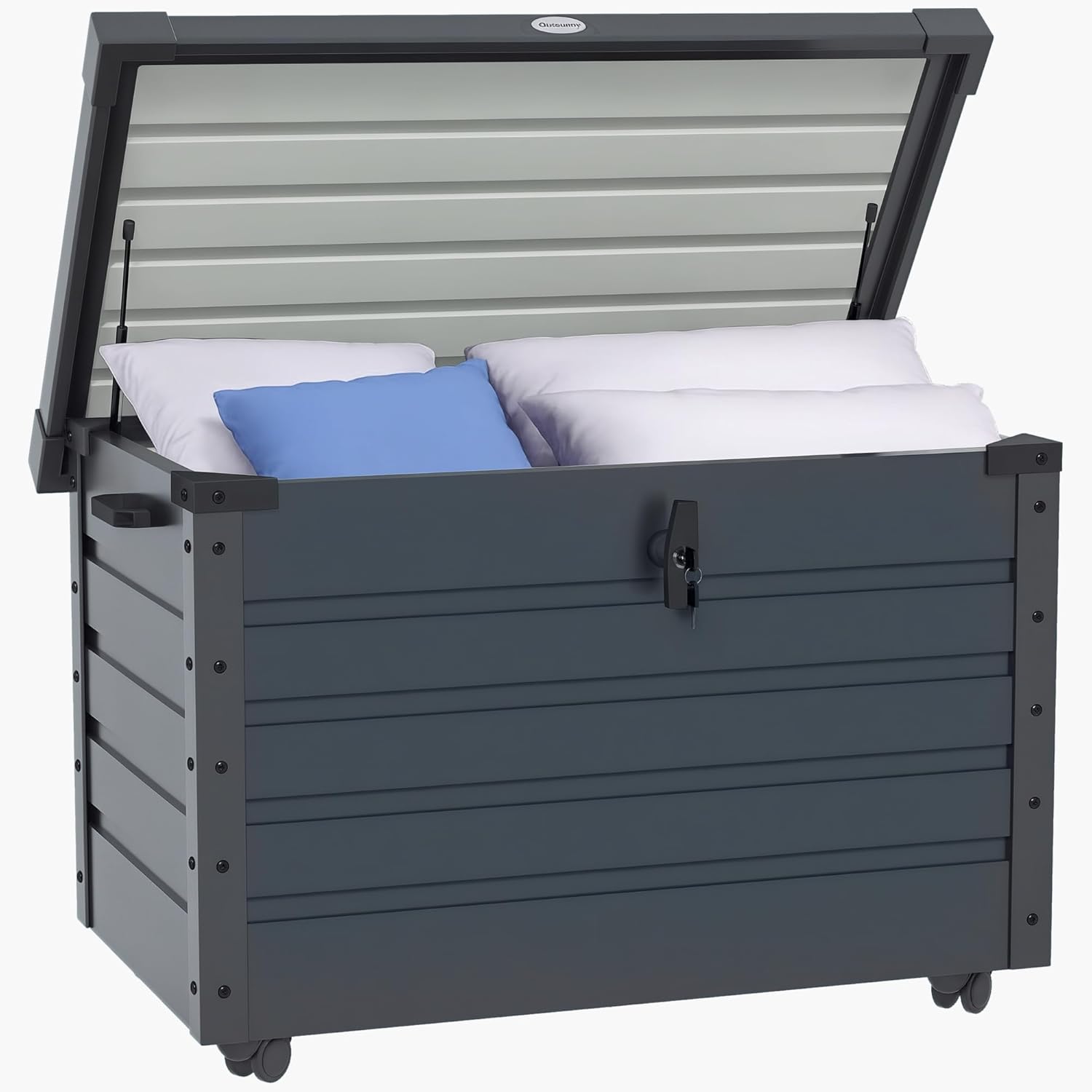 Outsunny Gartenbox Metall 295 Liter Wasserdicht Abschließbar Auflagenbox mit Griffen und Rollen Gartentruhe Outdoor wetterfest Aufbewahrungsbox für