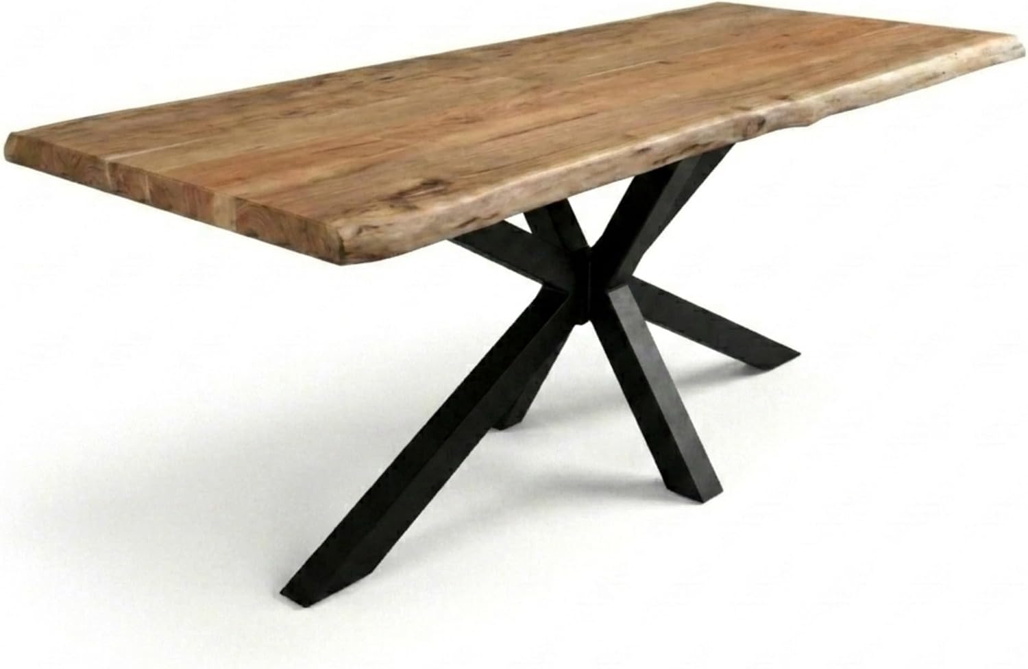 SAM Esstisch 240 × 100 cm Cali, Aufgedoppelte Kanten 25+25 mm, Spider-Gestell aus Metall Schwarz, Baumkantentisch naturfarben, Akazienholz massiv