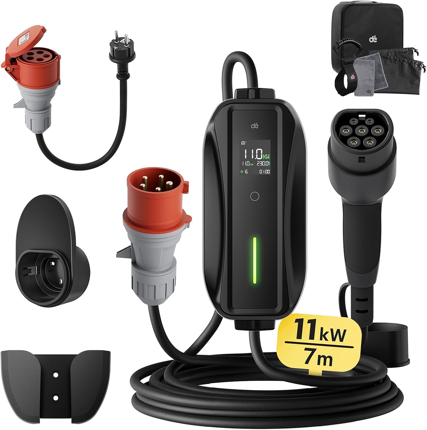 Dé Mobile Wallbox/Ladestation 11 kW 3-phasig, Ladekabel CEE 16A auf Typ 2 und EV Ladegerät für Model Y/3, 7m, MG4, EX30, ID.3/4/5, E-up, E-tron