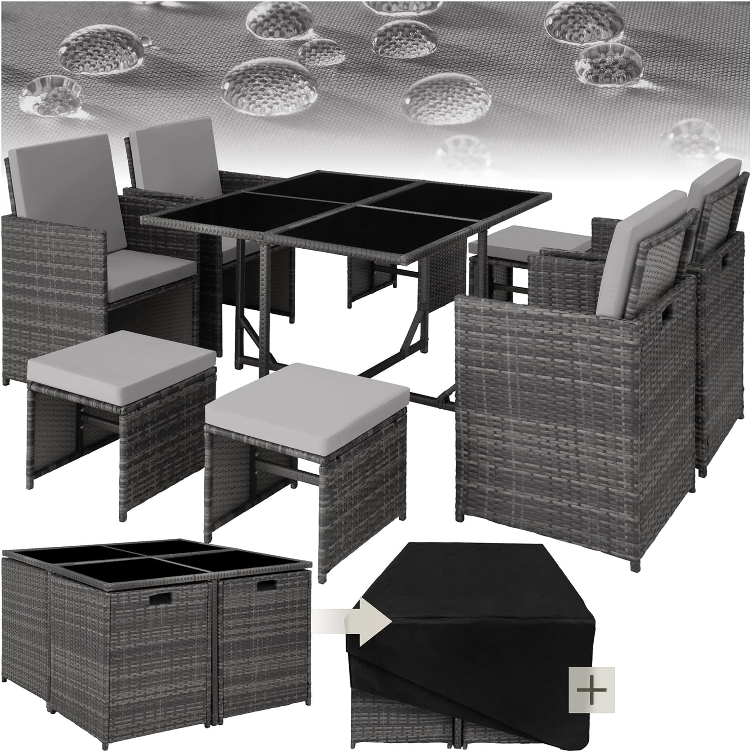 Tectake Lounge Möbel Set aus 4X Stühle, Wetterfest und platzsparende Cube Aufbewahrung inkl. Schutzhülle, Grau, 1x Tisch, 4X Hocker