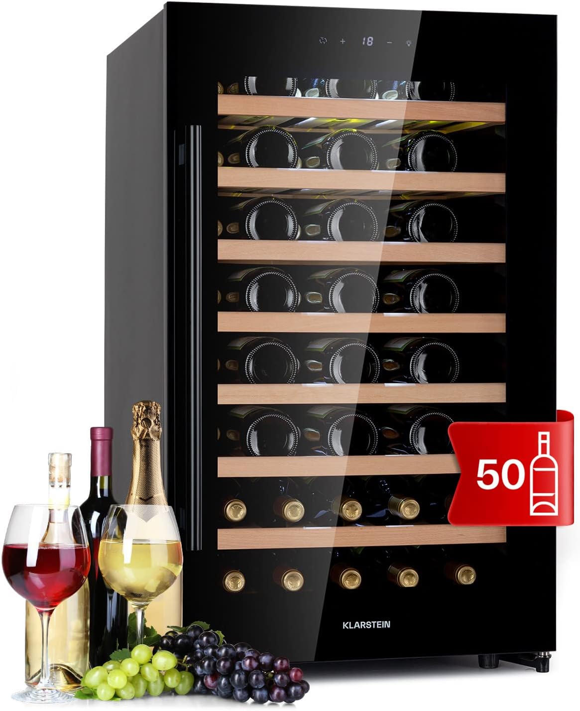 Klarstein Weinkühlschrank Freistehend, 5-18 °C, Kleiner Getränkekühlschrank Schmal, 1 Zone Weinkühlschrank mit Glastür, Indoor/Outdoor Beersafe