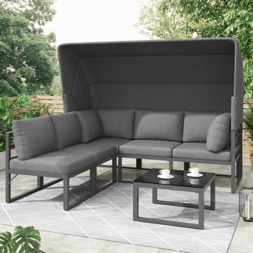 Merax Garten Loungesessel Set, Outdoor Gartenmöbel Set mit verzinktem Eisenrahmen, Grau, 4-teilig, Sonnenschutz und Kissen, Loungemöbel für Terrasse